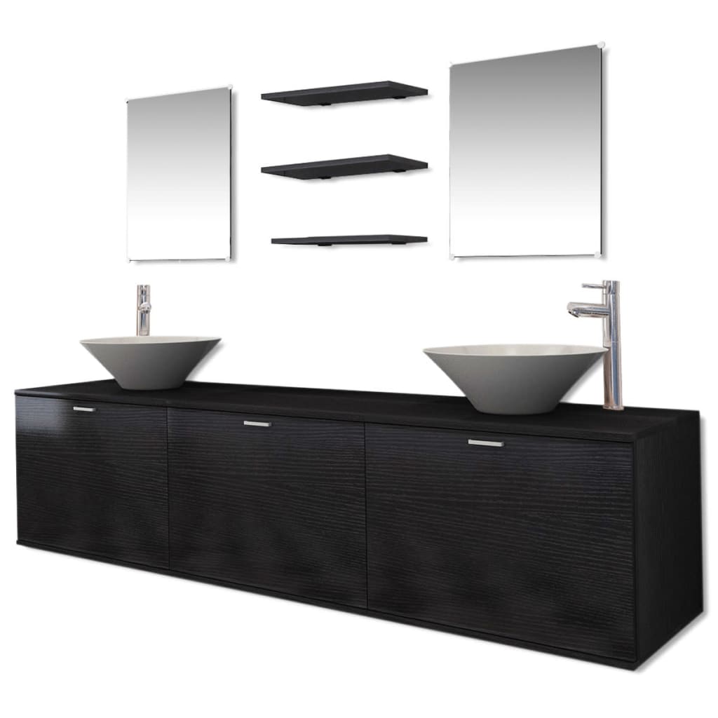 vidaXL Комплект мебели за баня, с мивки и кранове, черен, 10 части