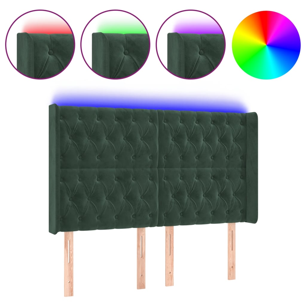 vidaXL LED горна табла за легло, тъмнозелена, 163x16x118/128см, кадифе