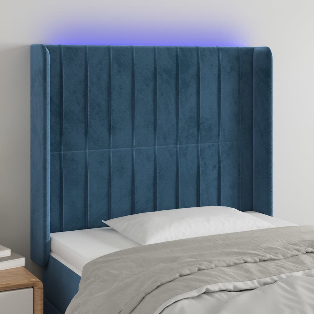 vidaXL LED горна табла за легло, тъмносиня, 103x16x118/128 см, кадифе