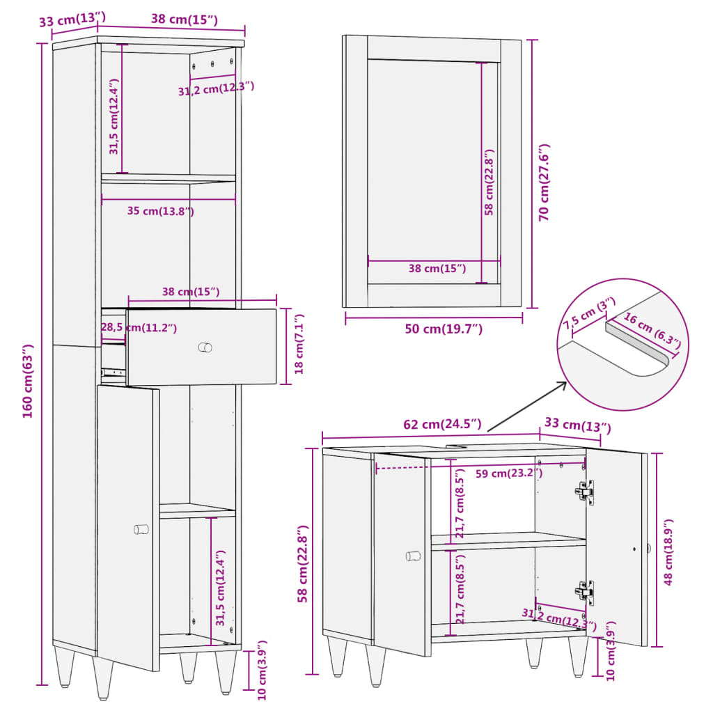 vidaXL Комплект мебели за баня, 3 части, масивна мангова дървесина