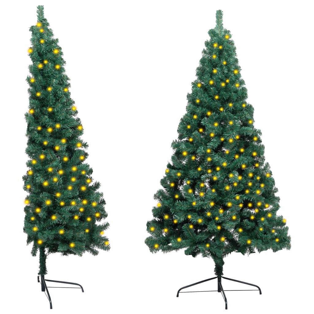 vidaXL Изкуствена светеща половин коледна елха със стойка зелен 210 см