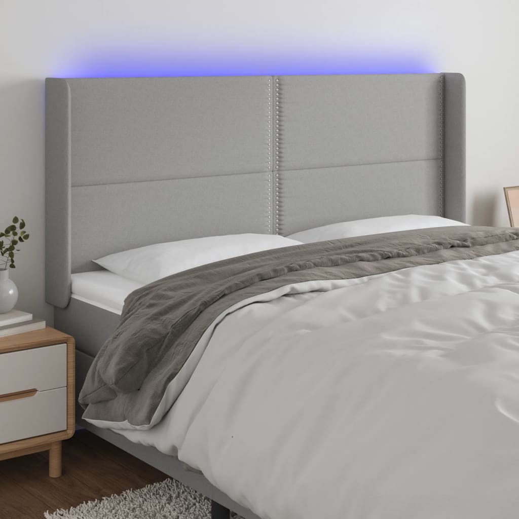 vidaXL LED горна табла за легло, светлосива, 183x16x118/128 см, плат