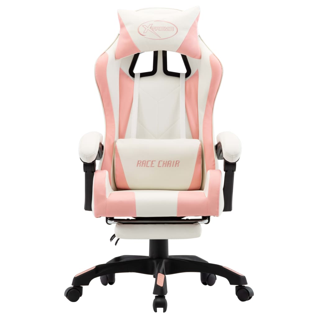 vidaXL Геймърски стол с подложка за крака розово/бяло изкуствена кожа