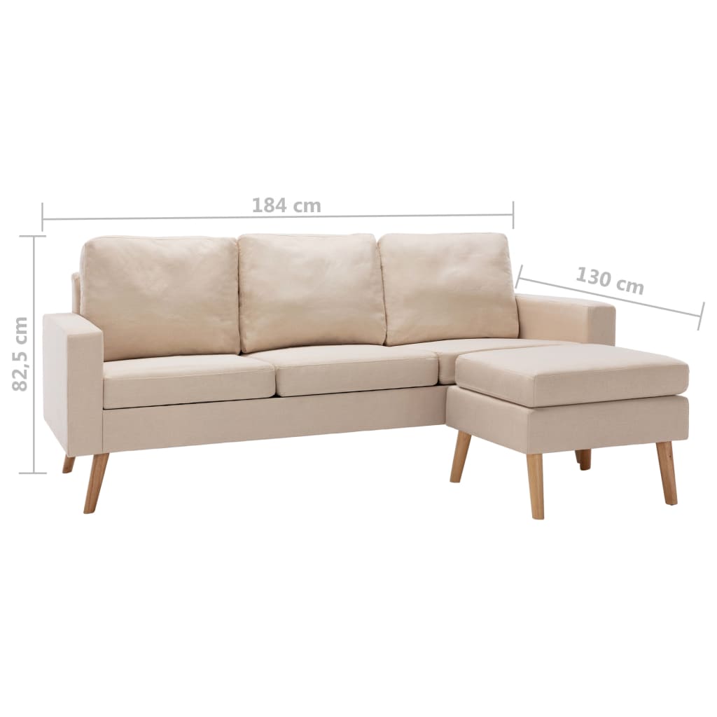 vidaXL 3-местен диван с поставка за крака, кремав, текстил