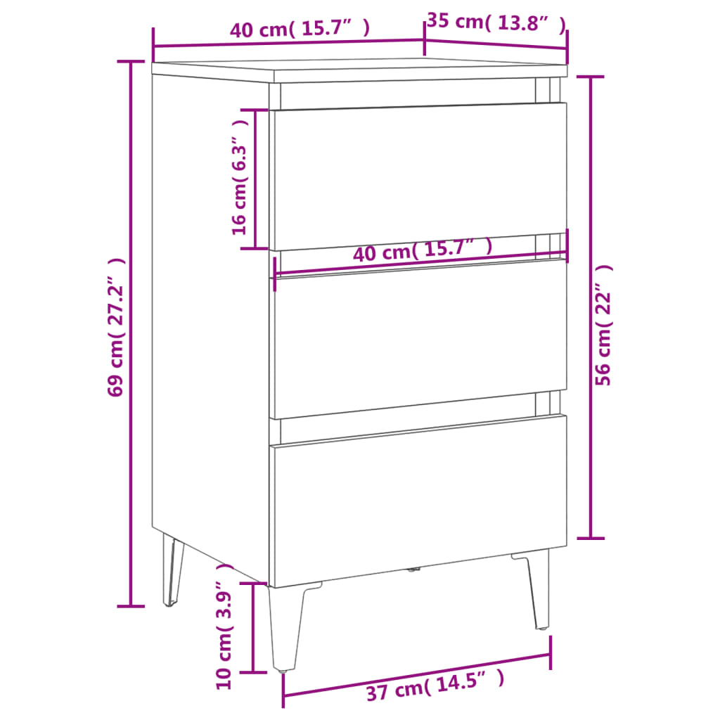 vidaXL Нощно шкафче с метални крака, бял гланц, 40x35x69 см