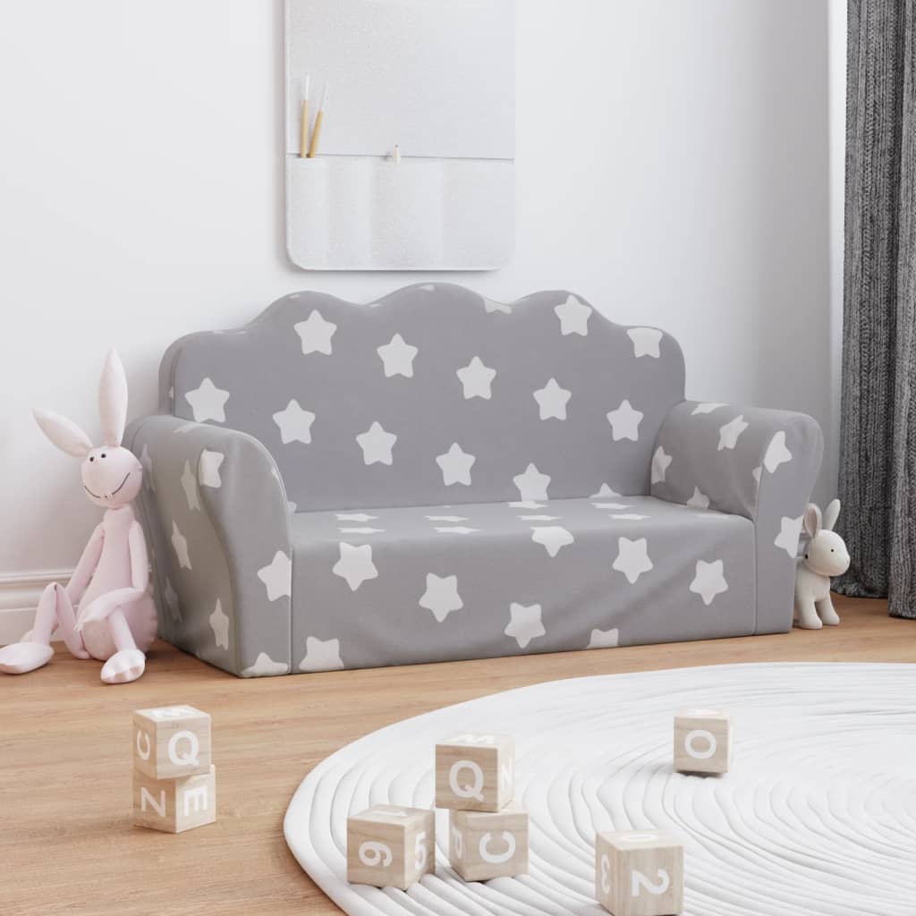vidaXL 2-местен детски диван, светлосив, на звезди, мек плюш