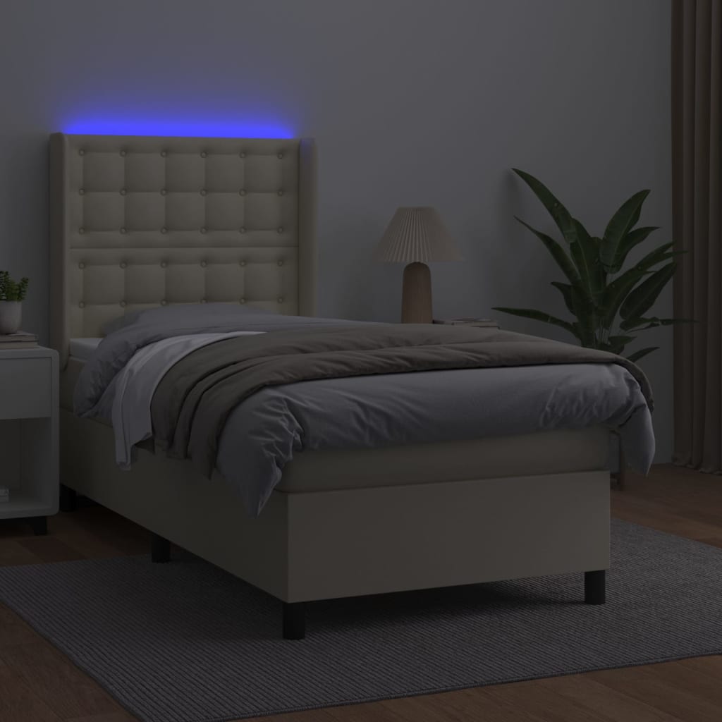vidaXL Боксспринг легло с матрак LED кремаво 100x200см изкуствена кожа