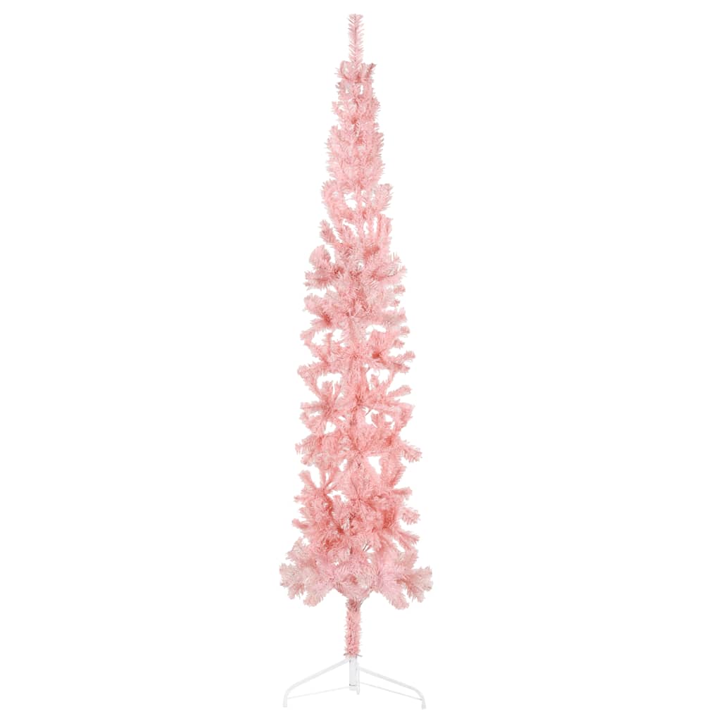 vidaXL Тънка изкуствена половин коледна елха със стойка розова 210 см