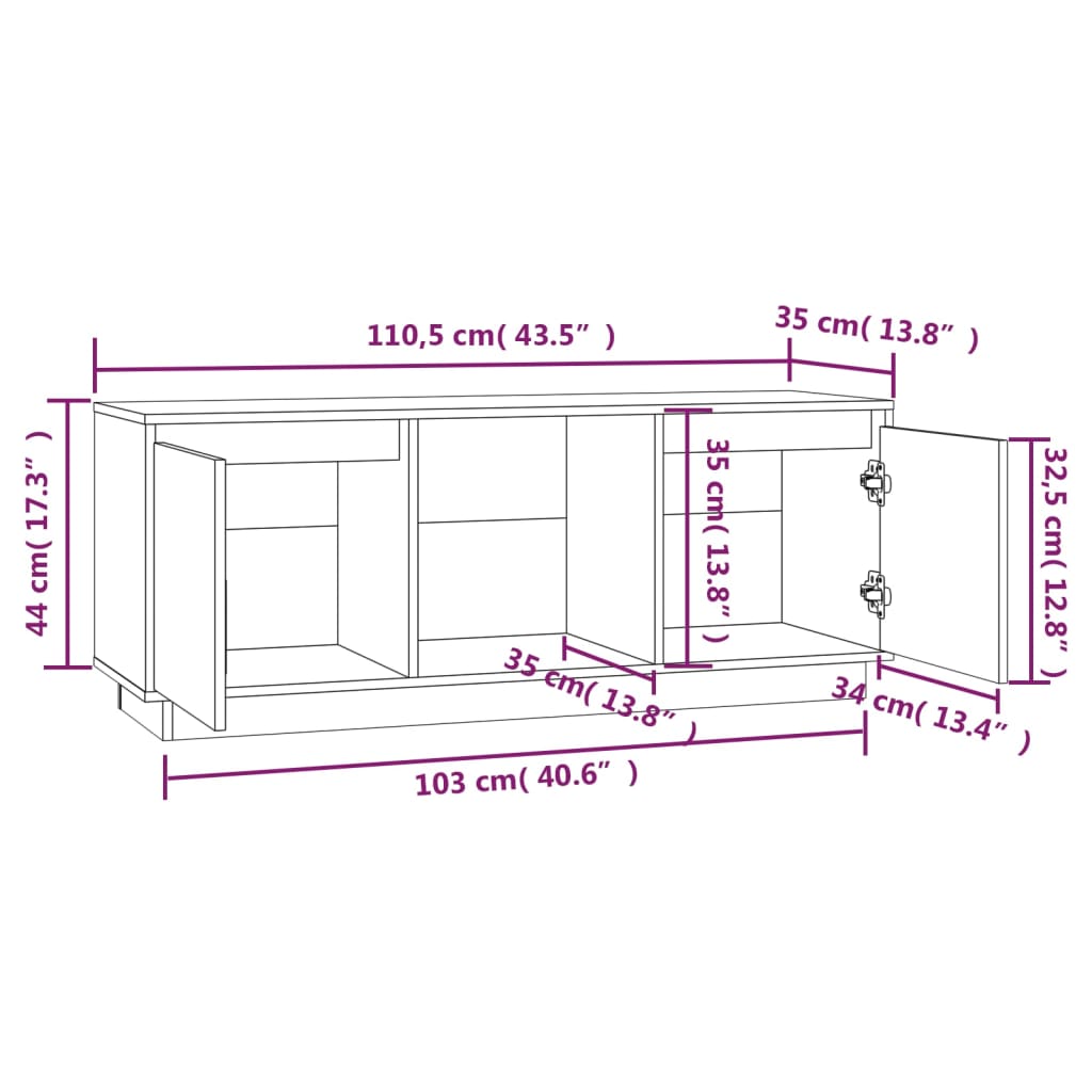 vidaXL ТВ шкаф, меденокафяв, 110,5x35x44 см, бор масив
