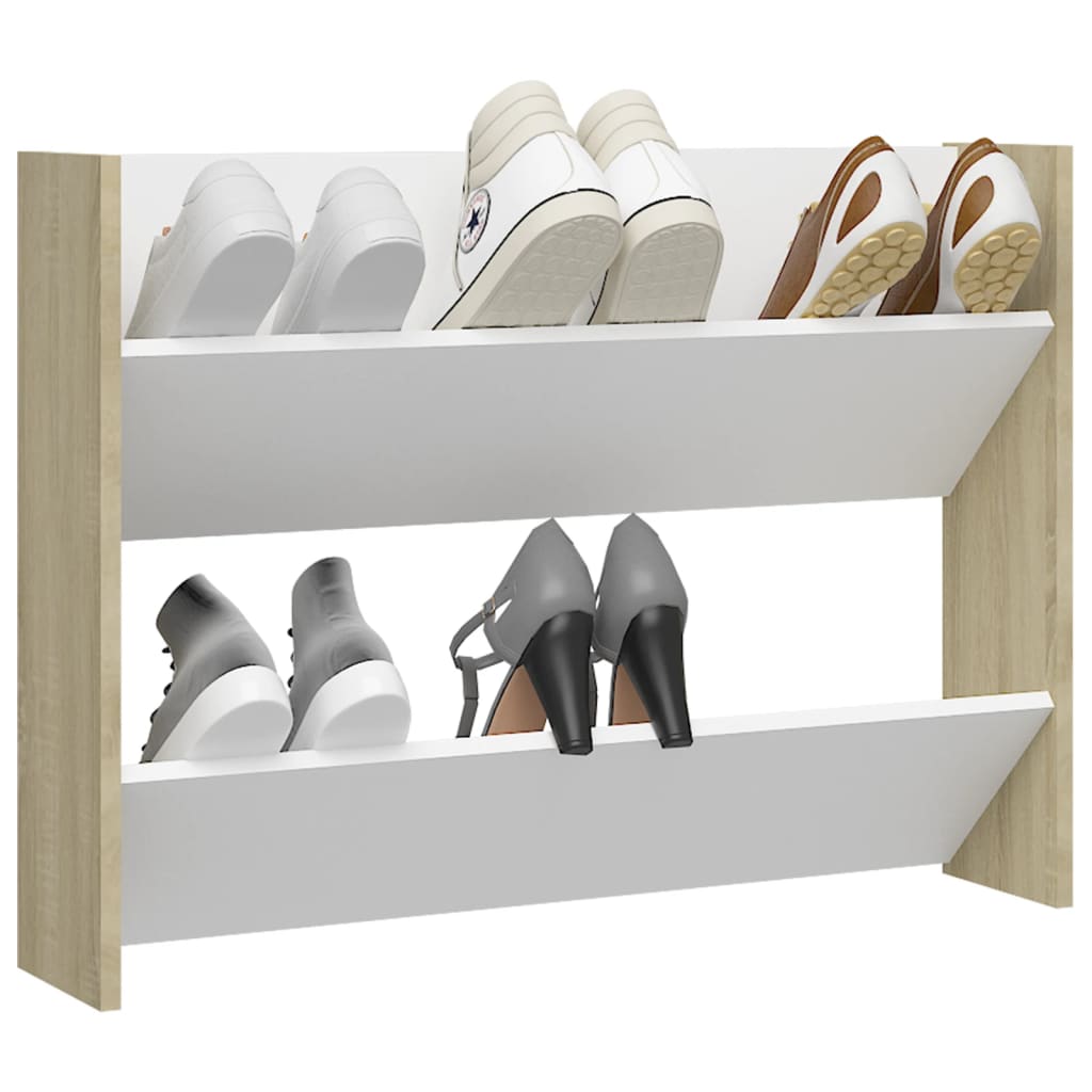 vidaXL Стенен шкаф за обувки, бяло и дъб сонома, 80x18x60 см, ПДЧ
