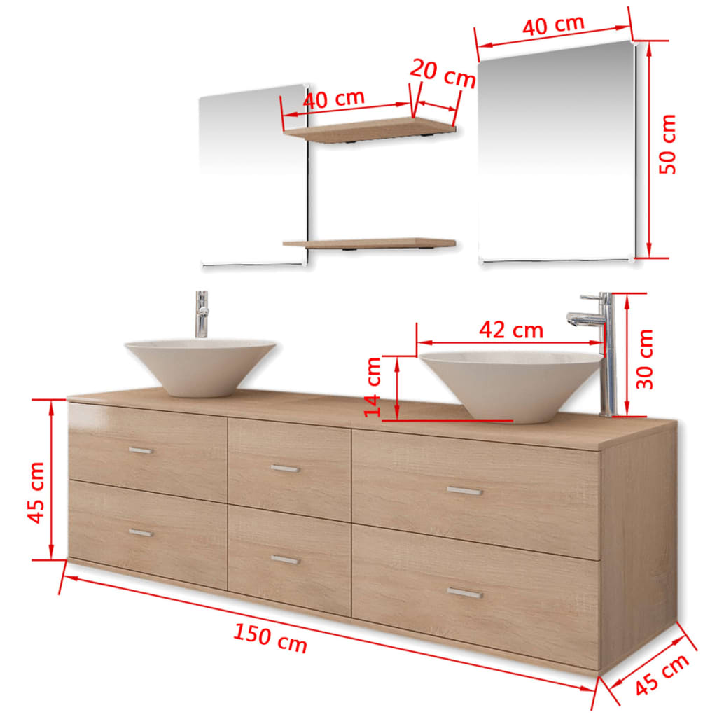 vidaXL комплект мебели за баня от 9 части с мивки и смесители, бежови