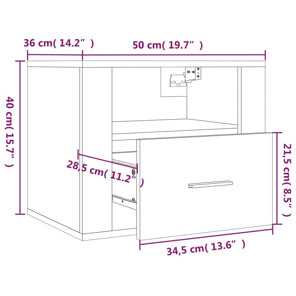 vidaXL Нощно шкафче за стенен монтаж, кафяв дъб, 50x36x40 см