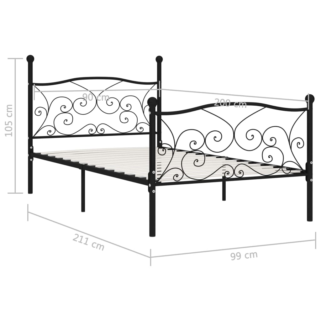 vidaXL Рамка за легло с ламелна основа, черна, метал, 90x200 см