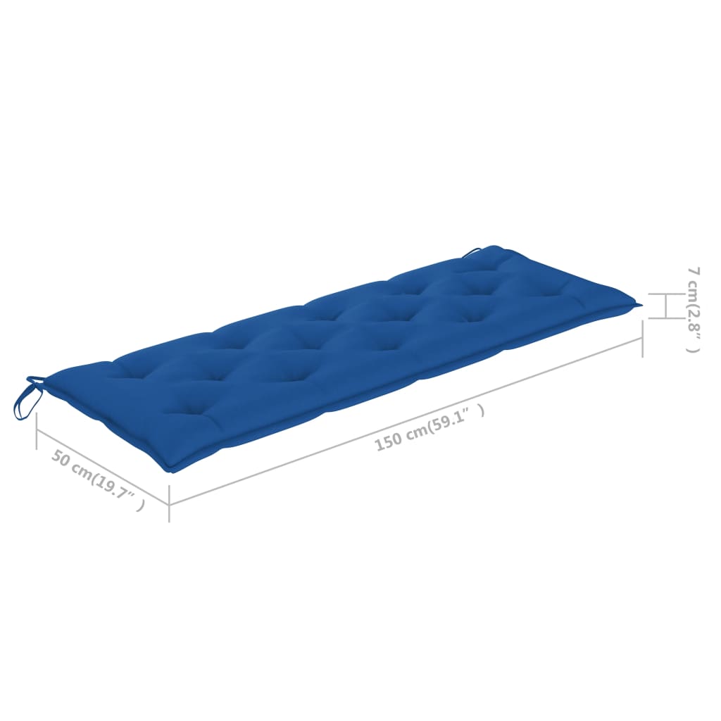 vidaXL Градинска пейка със синя възглавница, 150 см, тик масив