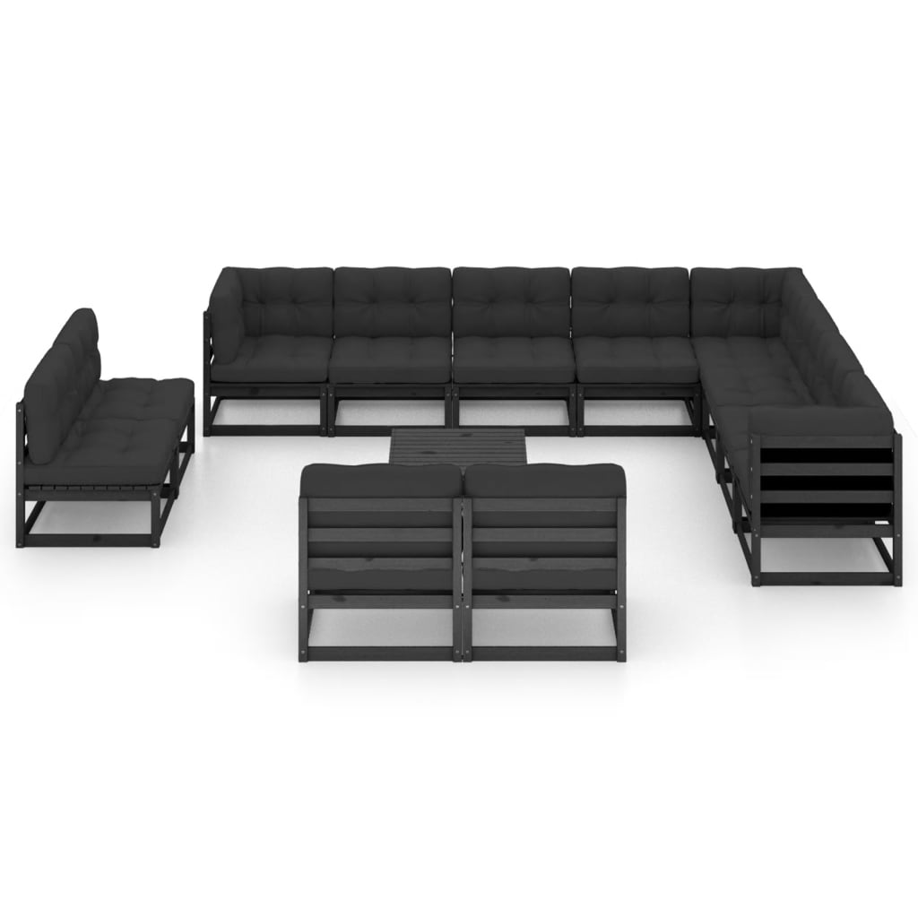 vidaXL Градински комплект от 14 части, с възглавници, черен, бор масив