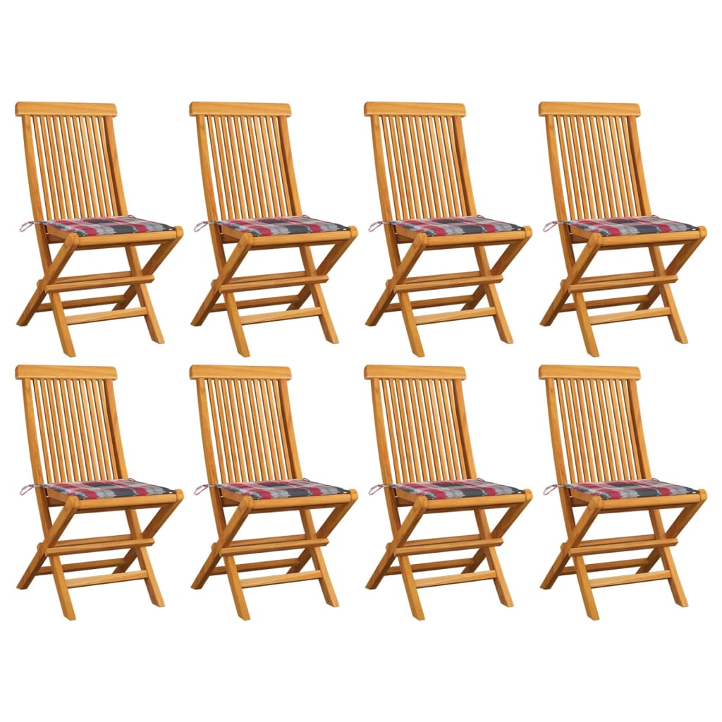 vidaXL Градински столове с възглавници червено каре 8 бр тик масив