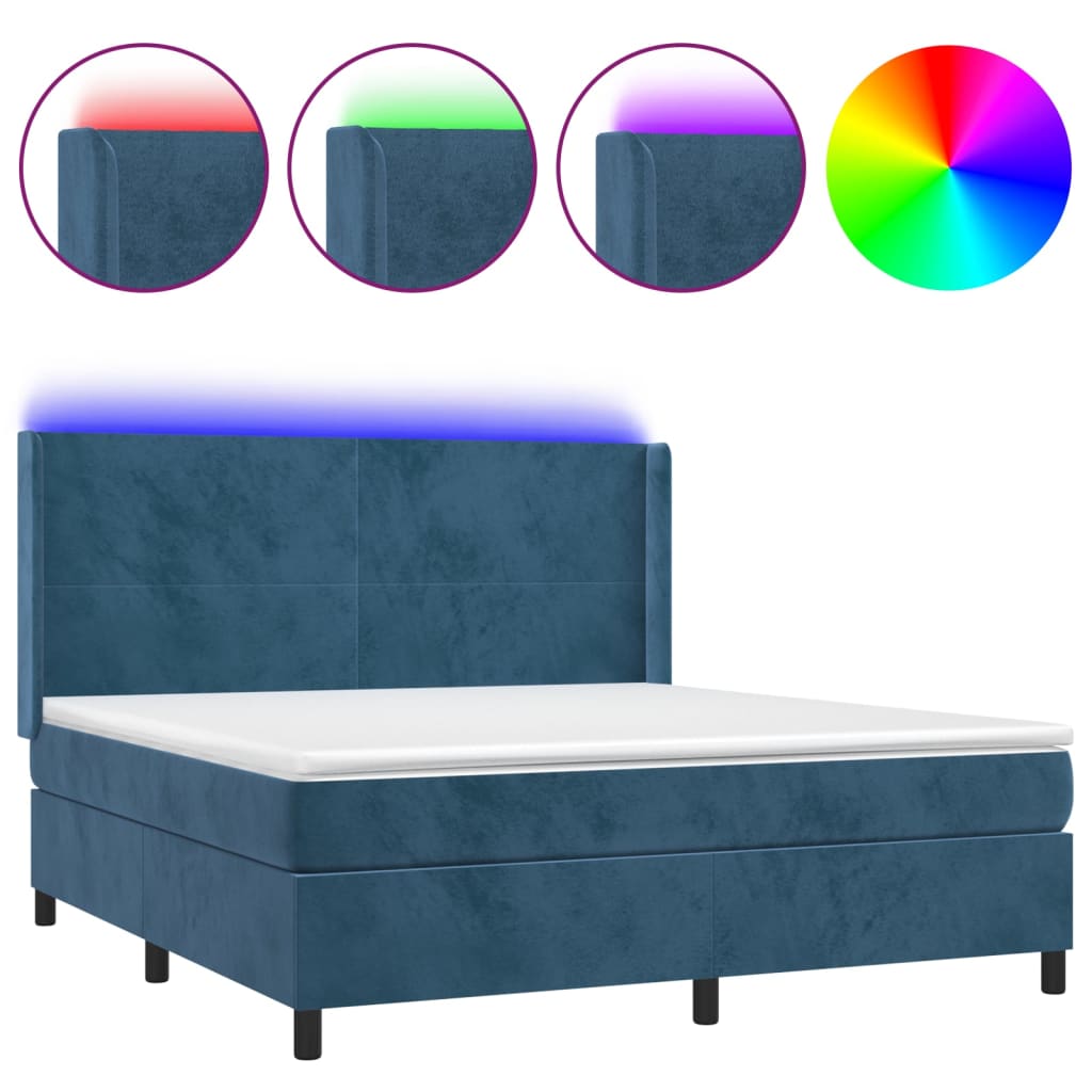 vidaXL Боксспринг легло с матрак и LED, тъмносиньо, 180x200 см, кадифе