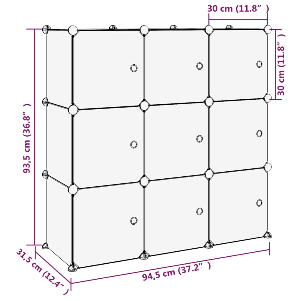vidaXL Органайзер с кубични отделения и врати, 9 куба, черен, PP