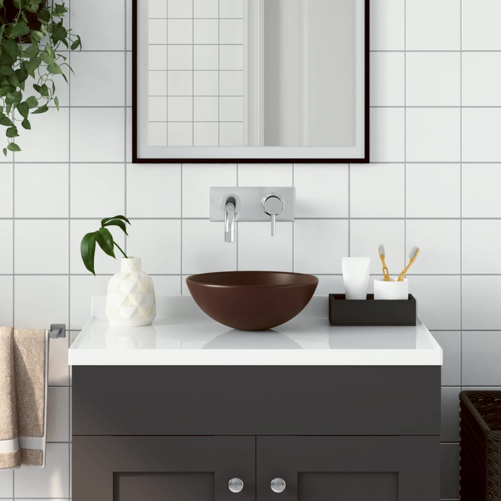 vidaXL Керамична мивка за баня, тъмнокафява, кръгла