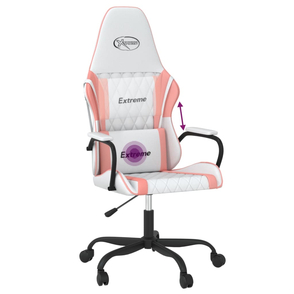 vidaXL Масажен гейминг стол, бяло и розово, изкуствена кожа