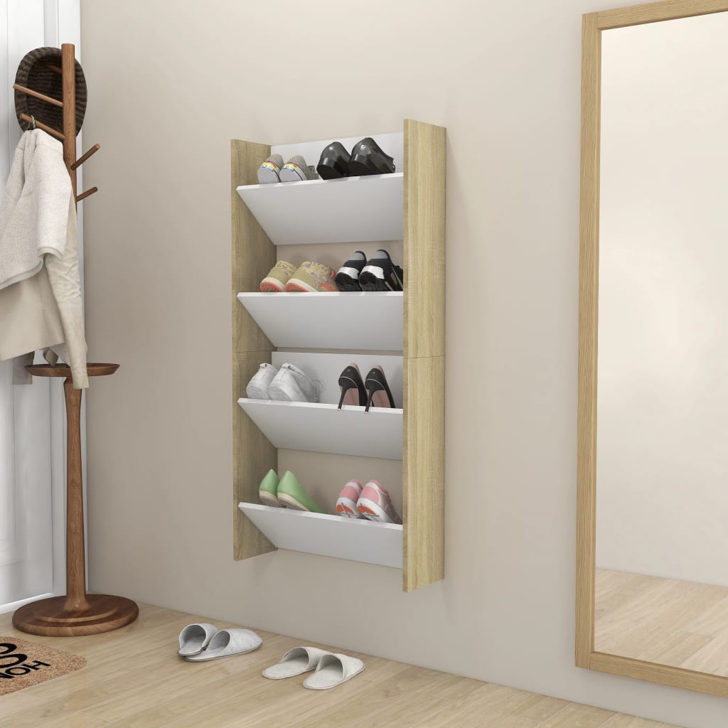 vidaXL Стенни шкафове за обувки 2 бр бяло и дъб сонома 60x18x60 см ПДЧ