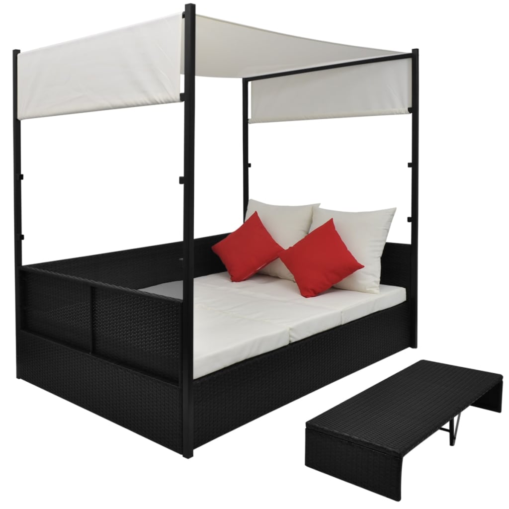vidaXL Градинско легло с балдахин, черно, 190x130 см, полиратан