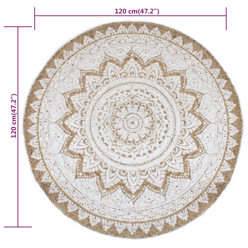 vidaXL Плетен килим от юта с принт, 120 см, кръгъл