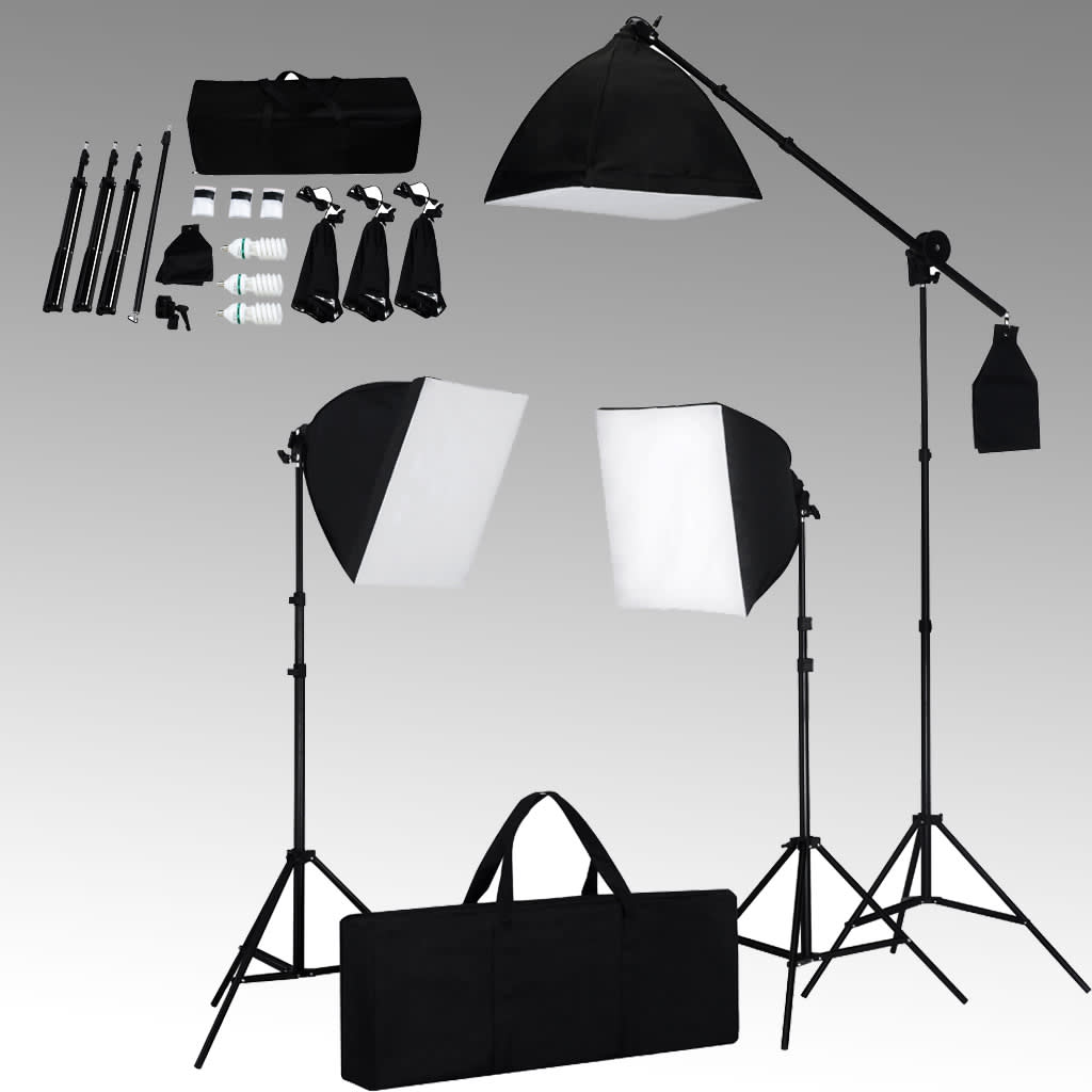 vidaXL Комплект студийно осветление: 3 фото лампи с трипод и софтбокс