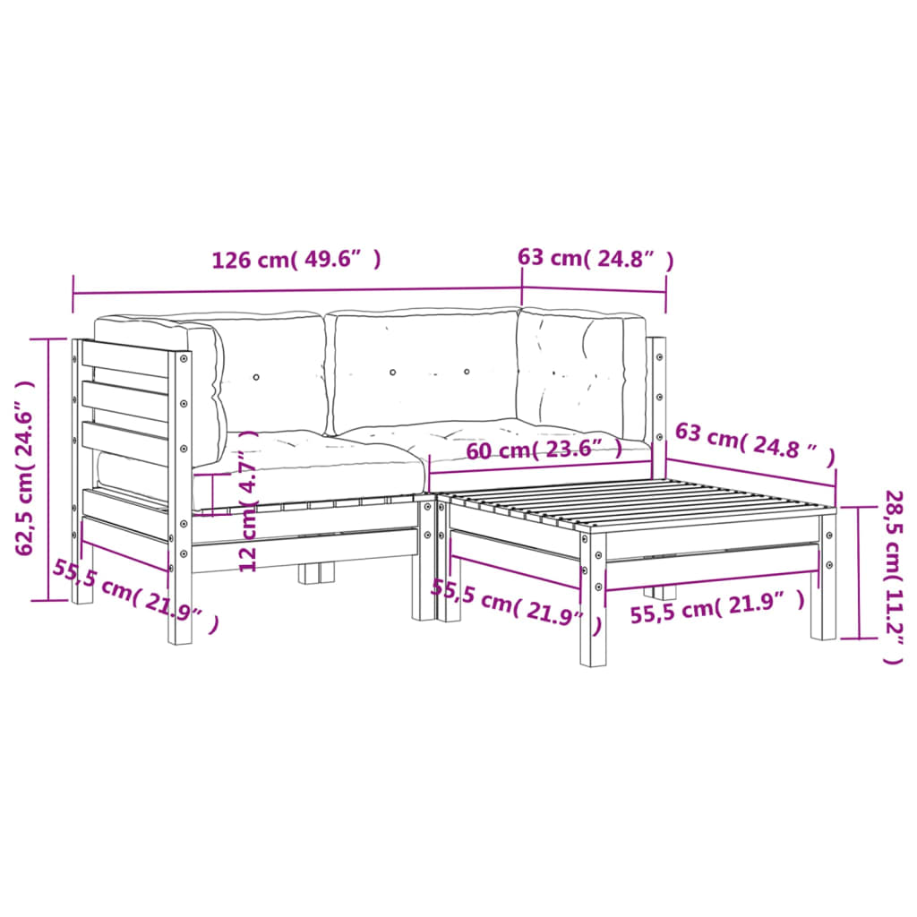 vidaXL Градински диван с възглавници и табуретка, 2-местен