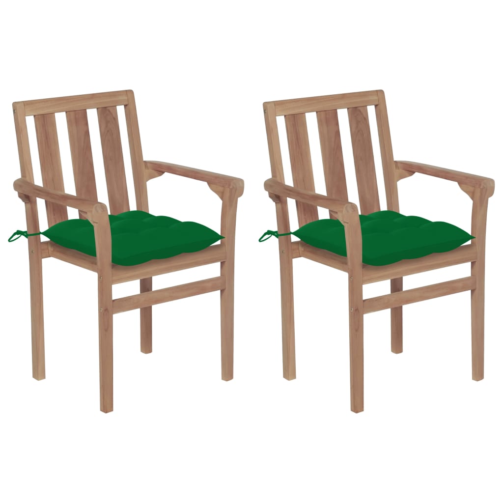 vidaXL Градински столове 2 бр зелени възглавници тиково дърво масив