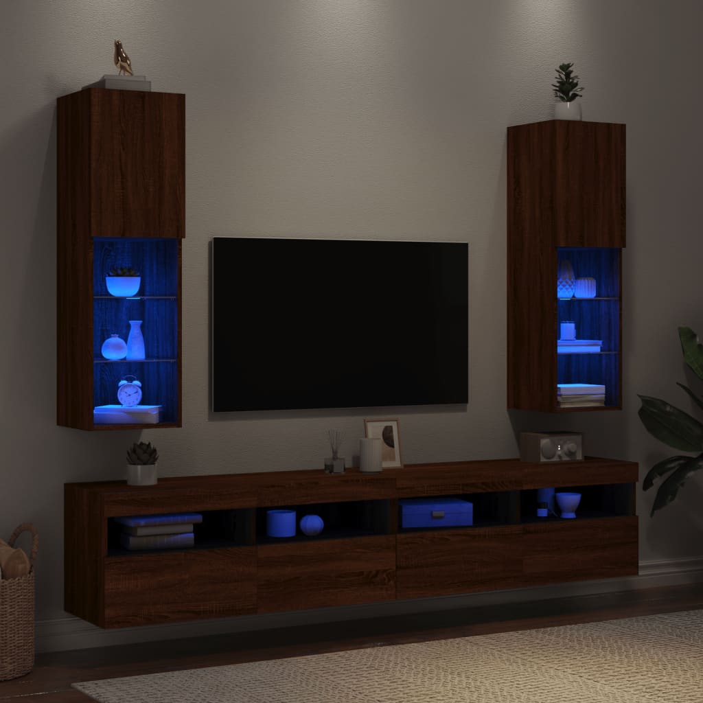vidaXL ТВ шкафове с LED осветление 2 бр кафяв дъб 30,5x30x102 см