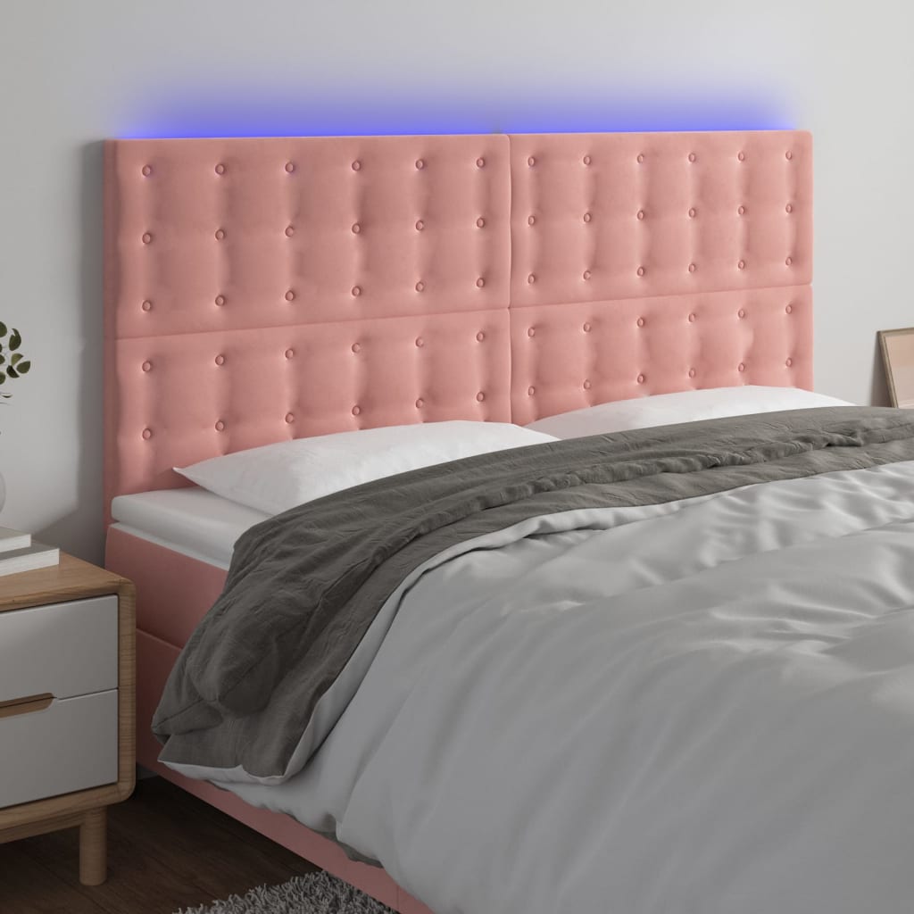 vidaXL LED горна табла за легло, розова, 200x5x118/128 см, кадифе
