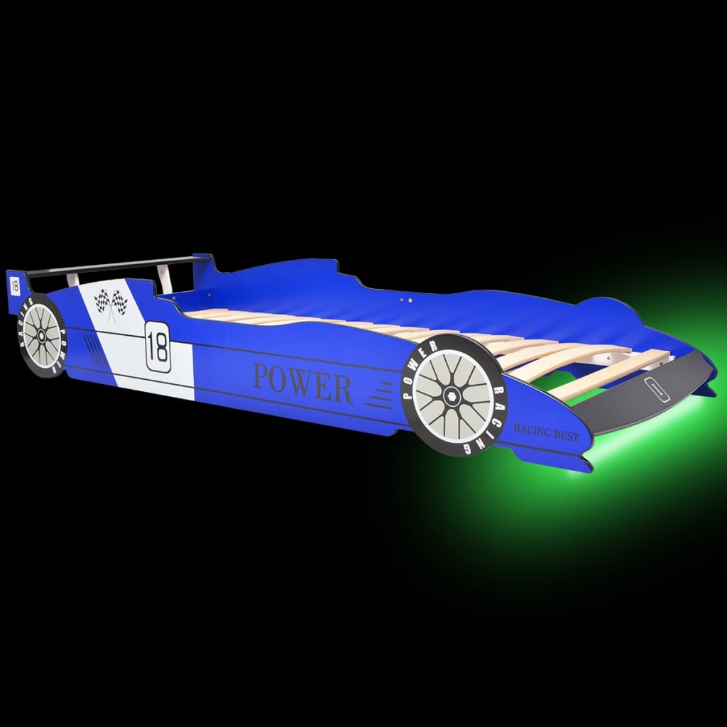vidaXL Детско легло “състезателна кола“, LED лента, 90x200 cм, синьо