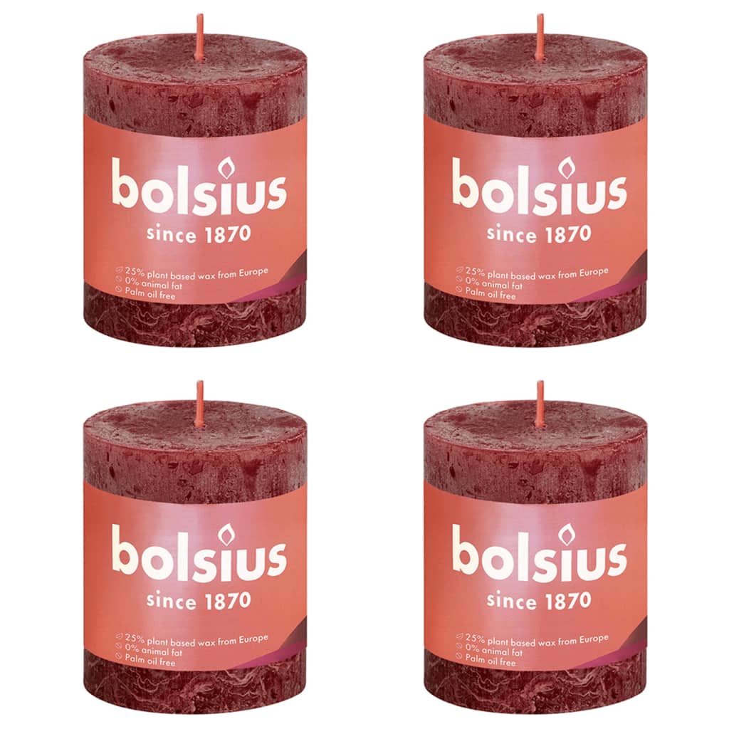Bolsius Рустик колонни свещи Shine, 4 бр, 80x68 мм, кадифено червено