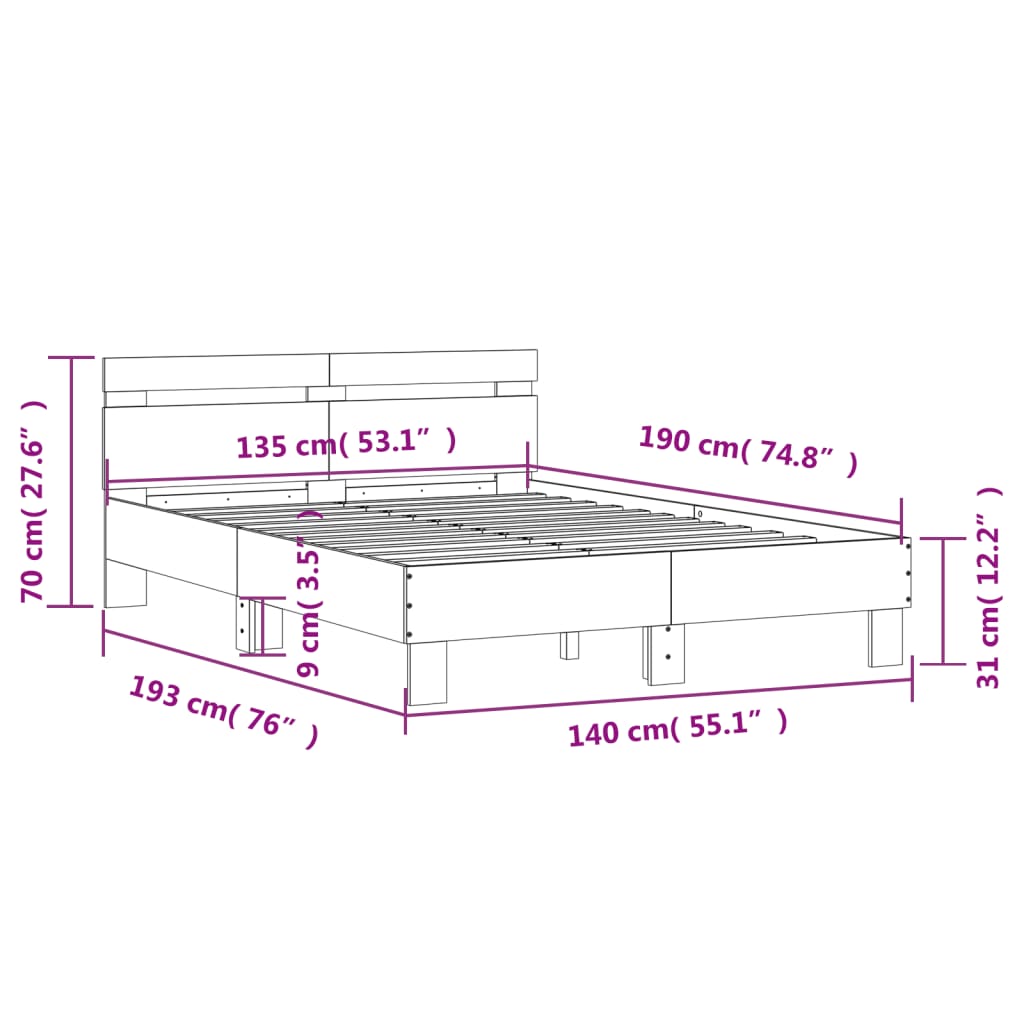 vidaXL Рамка за легло с табла, дъб сонома, 135x190 см, инженерно дърво