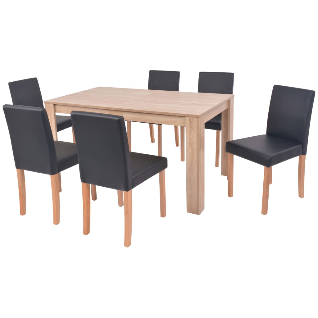 vidaXL Трапезна маса и столове, 7 части, изкуствена кожа, дъб, черно
