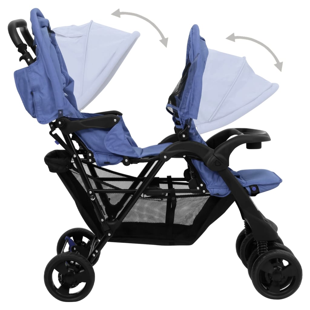 vidaXL Тандемна количка за близнаци, нейви синьо, стомана