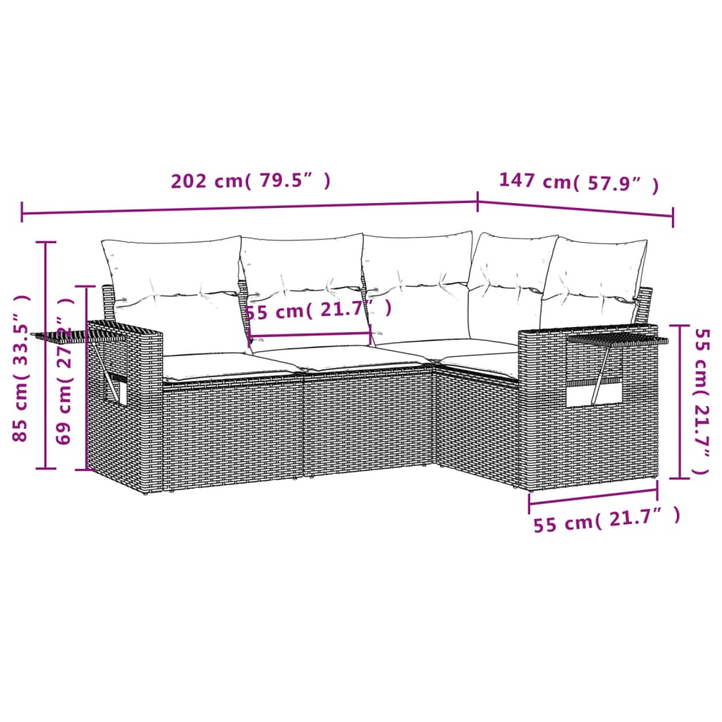 vidaXL Градински диван от 4 части с възглавници, черен, полиратан