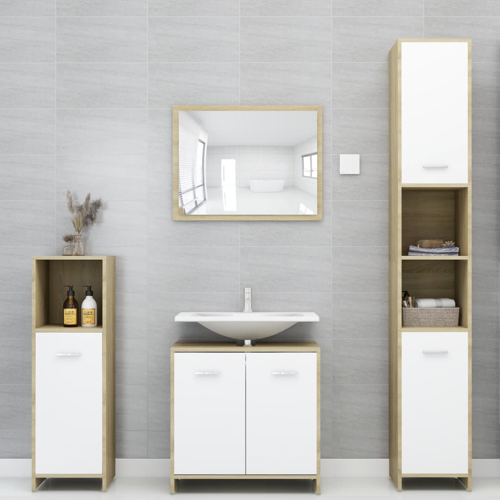 vidaXL Комплект мебели за баня от 3 части, бяло и дъб сонома, ПДЧ
