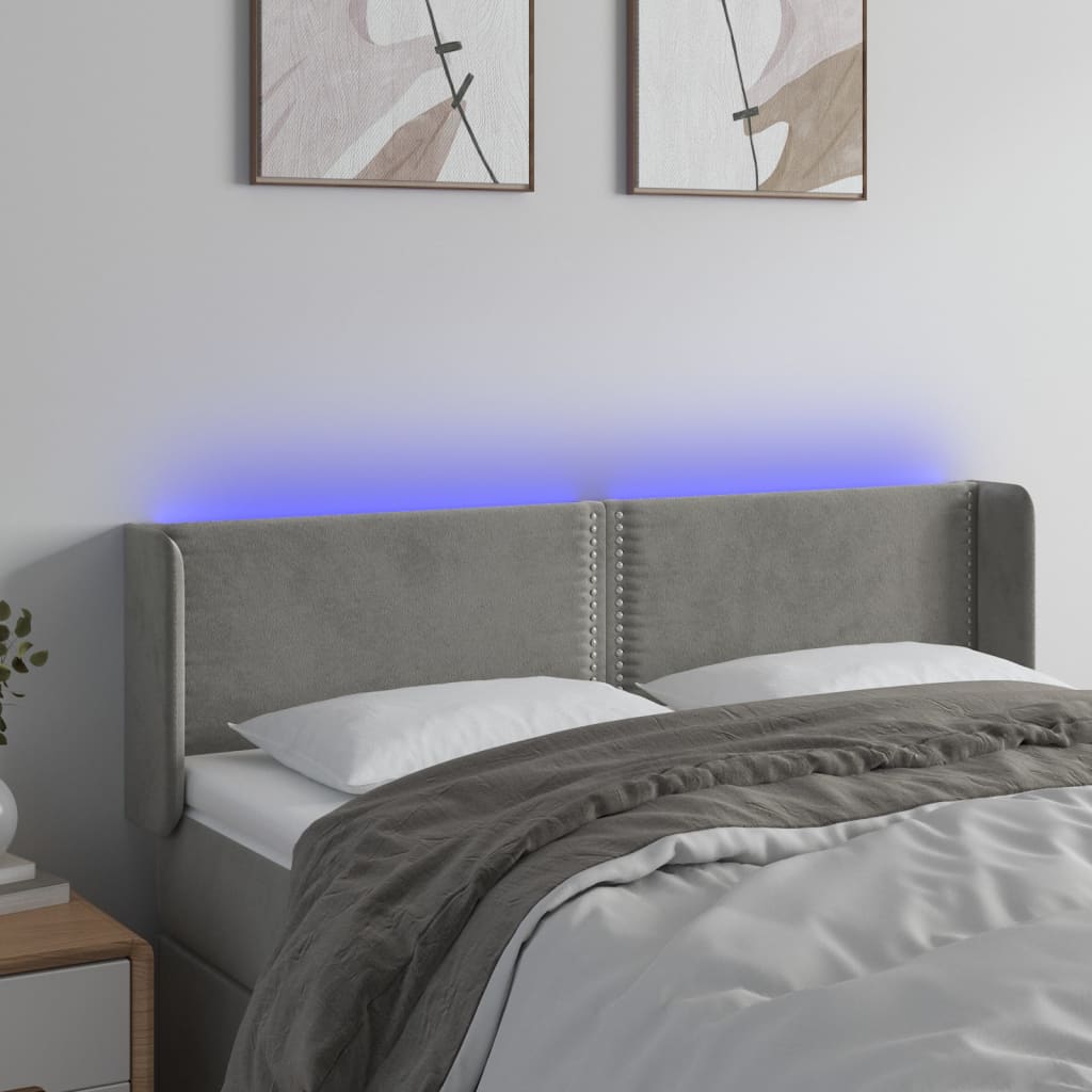 vidaXL LED горна табла за легло, светлосива, 147x16x78/88 см, кадифе