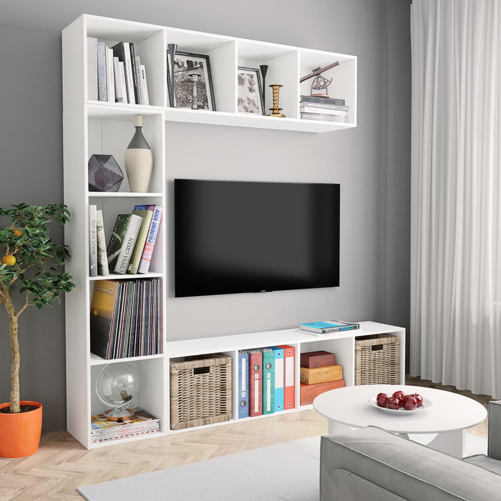 vidaXL Комплект етажерка/ТВ шкаф в 3 части, бял, 180x30x180 см