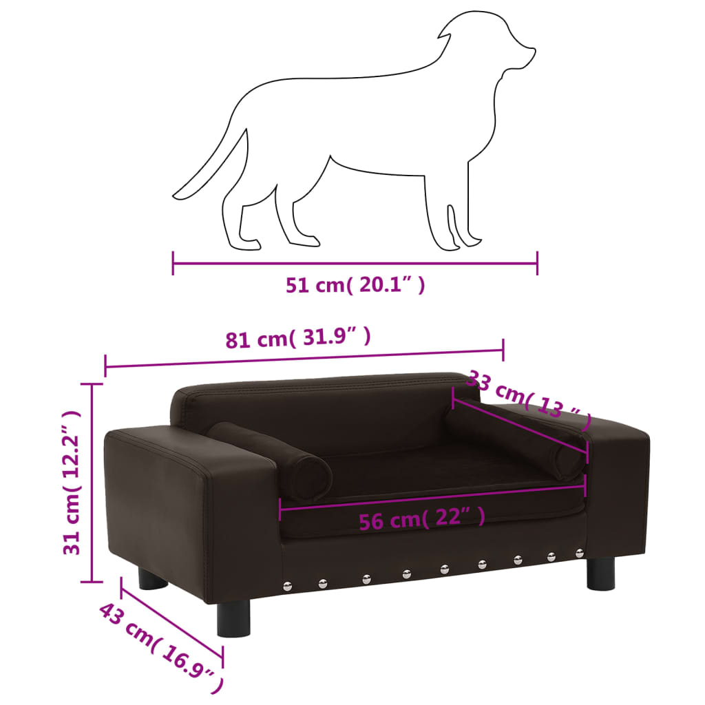 vidaXL Кучешки диван, кафяв, 81x43x31 см, плюш и изкуствена кожа