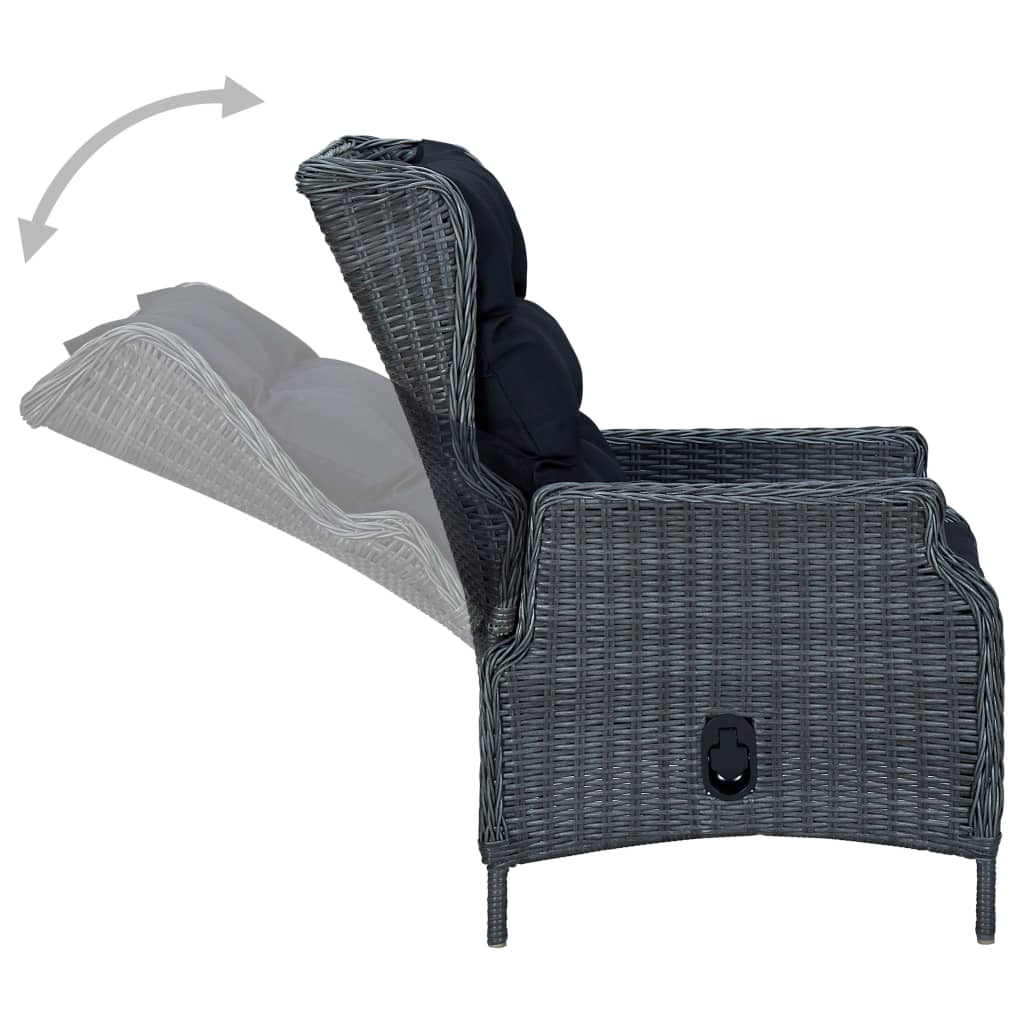vidaXL Накланящ се градински стол с възглавници, полиратан, тъмносив