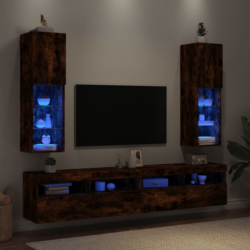 vidaXL ТВ шкафове с LED осветление, 2 бр, опушен дъб, 30,5x30x102 см
