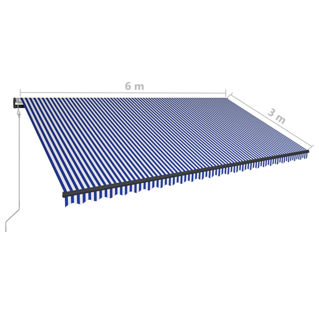 vidaXL Сенник, сензор за вятър и LED, 600x300 см, синьо и бяло