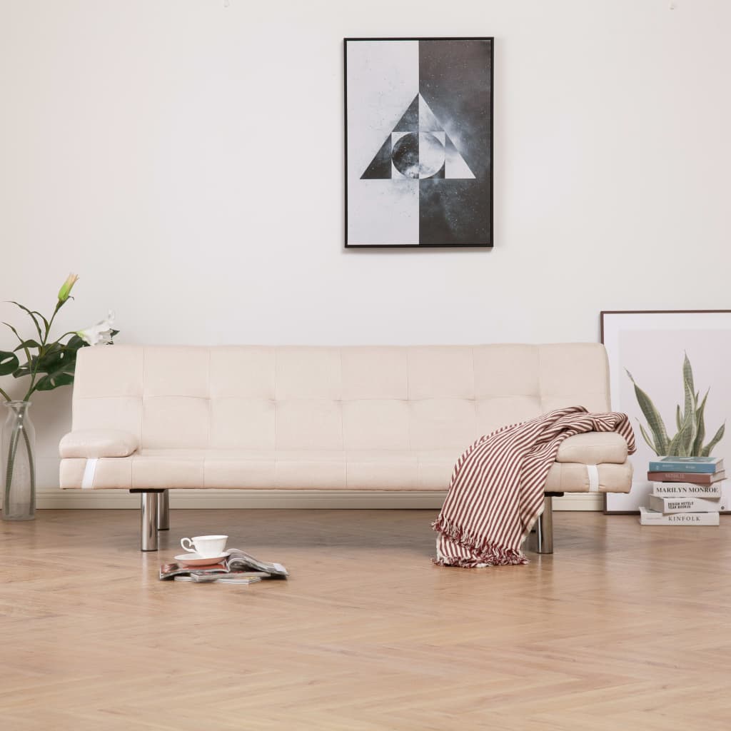 vidaXL Разтегателен диван с две възглавници, кремав, полиестер