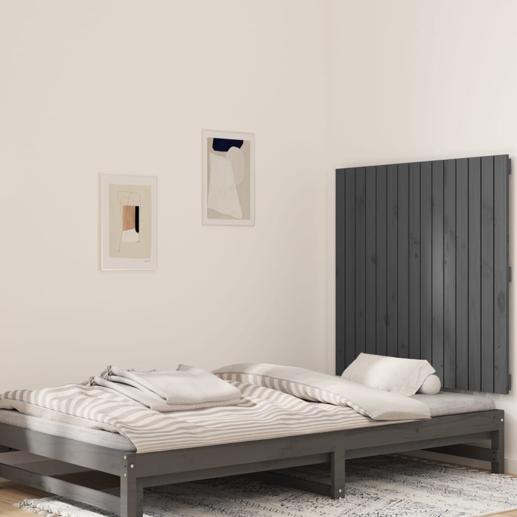 vidaXL Стенна табла за спалня, сива, 95,5x3x90 см, борово дърво масив
