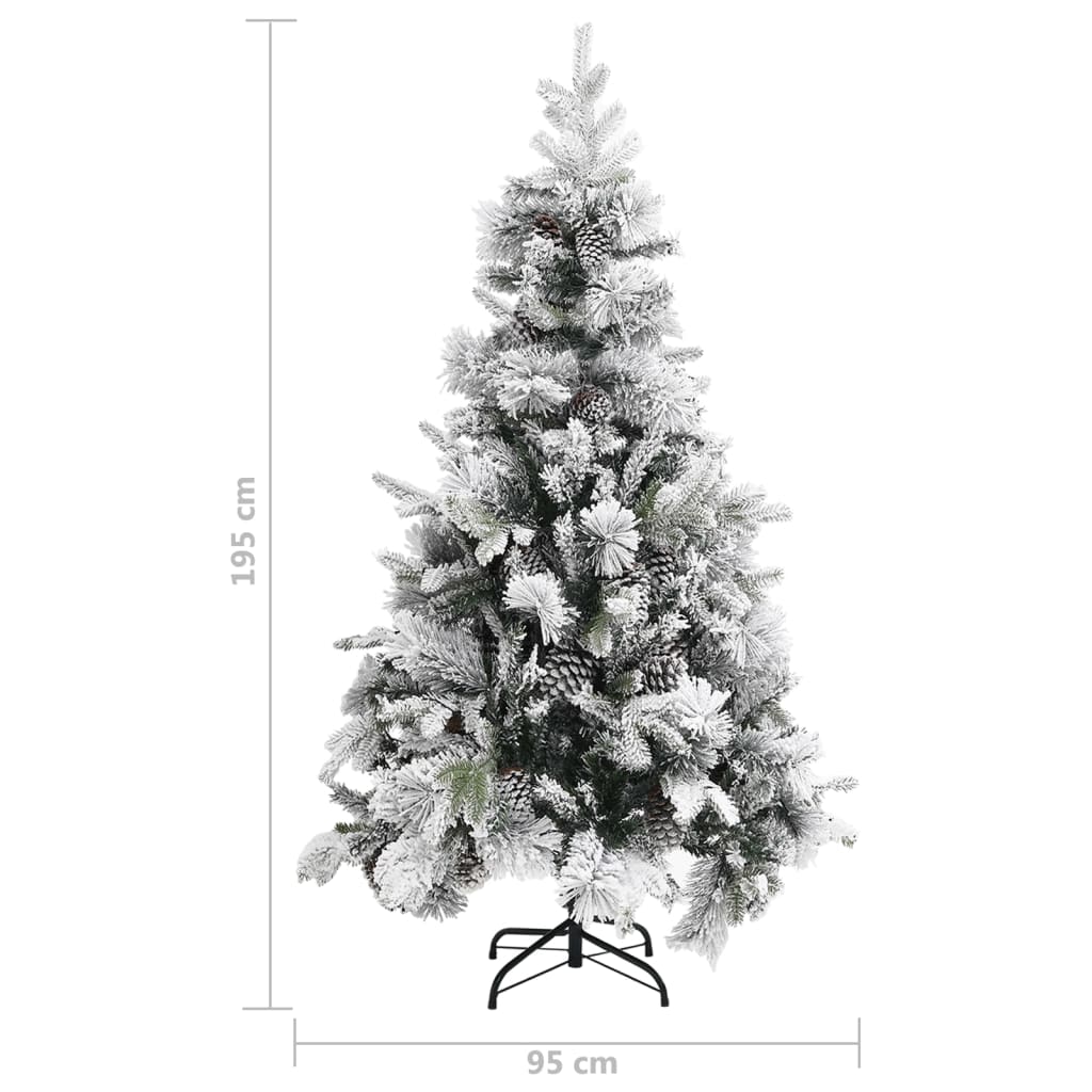 vidaXL Коледна елха с флокиран сняг и шишарки, 195 см, PVC и PE