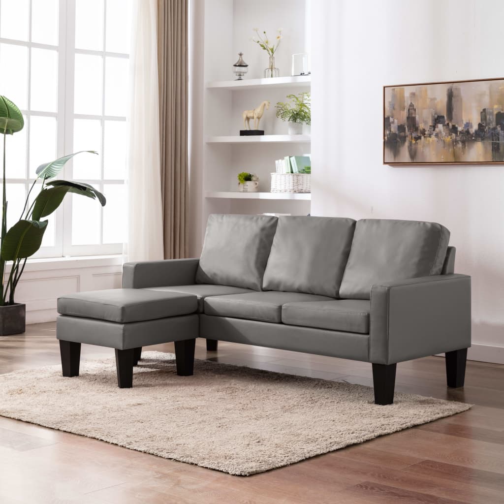 vidaXL 3-местен диван с поставка за крака, сив, изкуствена кожа