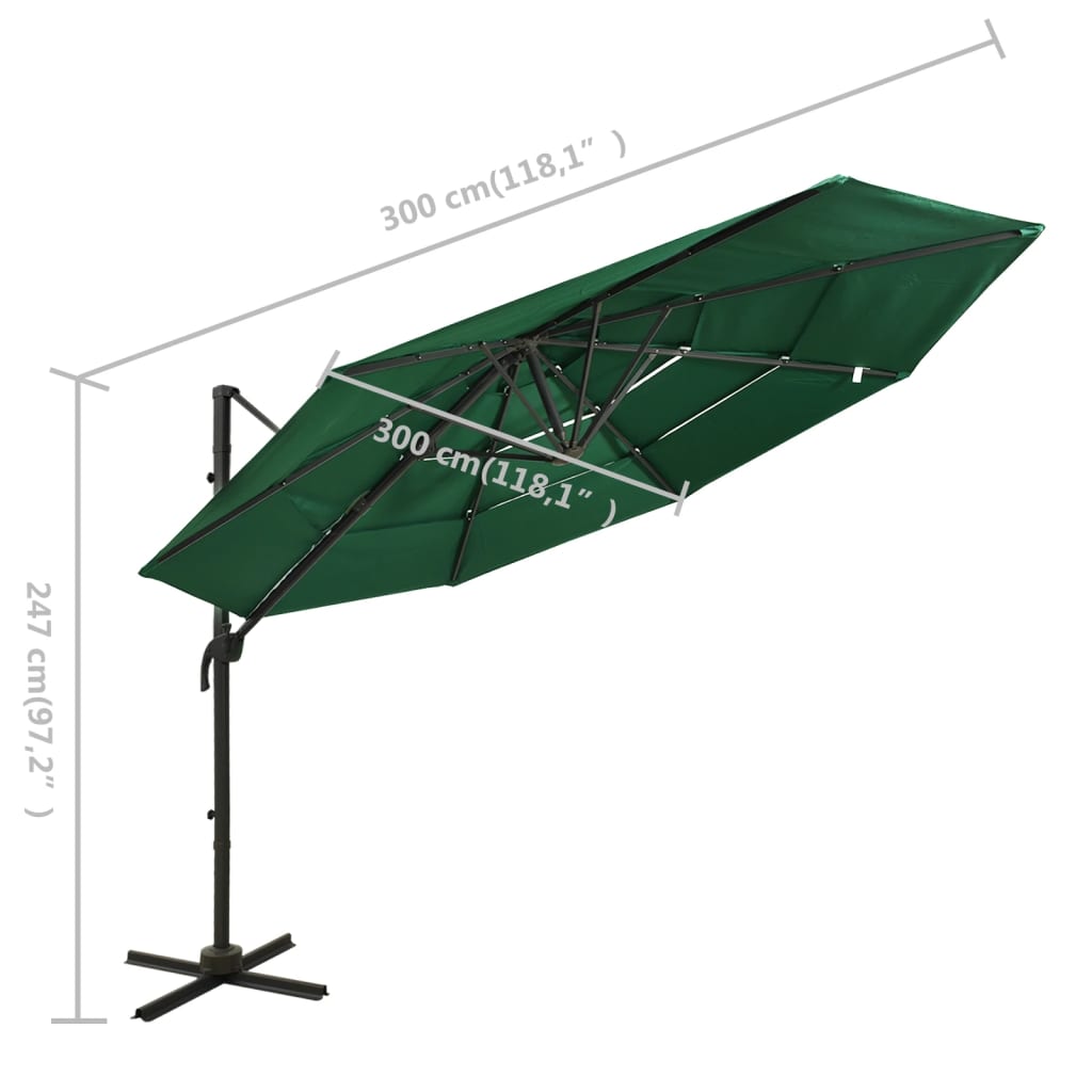 vidaXL Градински чадър на 4 нива с алуминиев прът, зелен, 3x3 м